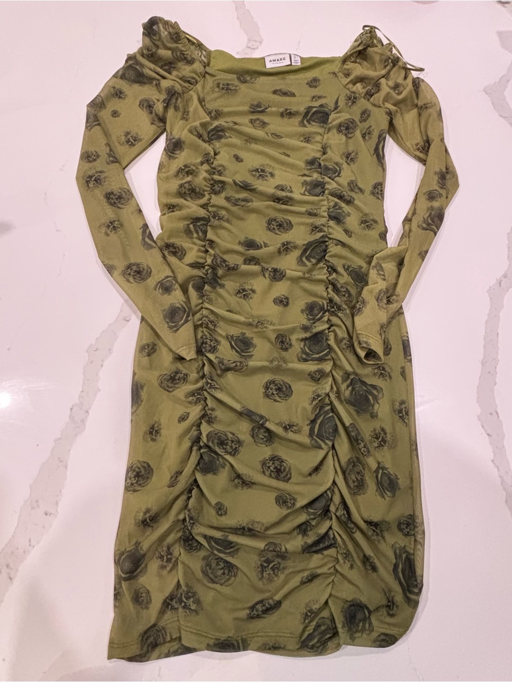Olive Ruched Long Sleeve Floral Midi Dress
